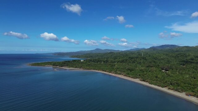 Drone aerial footage showing an untouched beach on Tablas Island in Odiongan, Philippines, with dense palm forest, lush greenery, and gentle hills in the background under clear sunny skies.