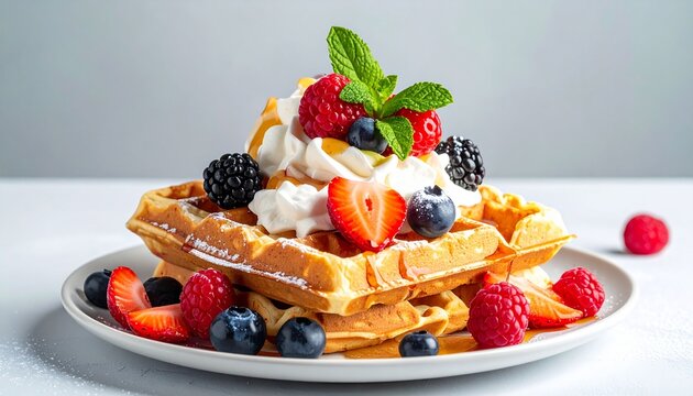 A stack of golden waffles topped with whipped cream, strawberries, blueberries, raspberries, blackberries, and mint leaves on a white plate against a clean background.