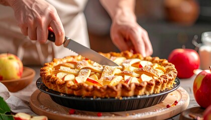 Close-up of hands slicing a homemade apple pie on a wooden board with fresh apples and a kitchen background.