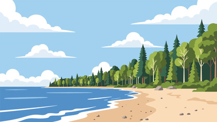 Flat vector illustration of Michigan Great Lakes landscape with sandy beaches, forests, calm freshwater shores, and open skies, scenic northern travel theme © meeblues