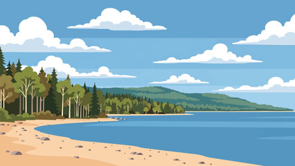 Flat vector illustration of Michigan Great Lakes landscape with sandy beaches, forests, calm freshwater shores, and open skies, scenic northern travel theme © meeblues