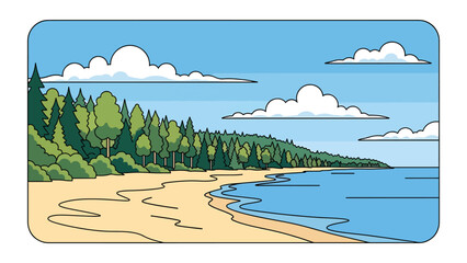 Flat vector illustration of Michigan Great Lakes landscape with sandy beaches, forests, calm freshwater shores, and open skies, scenic northern travel theme © meeblues
