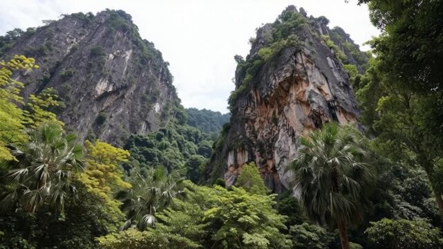 Beautiful Aerial Video of Limestone Mountains in Ipoh, Malaysia, Showcasing Lush Greenery, Towering Karst Cliffs, Tropical Trees, and a Serene Natural Landscape from Above in Perak Region Scenic