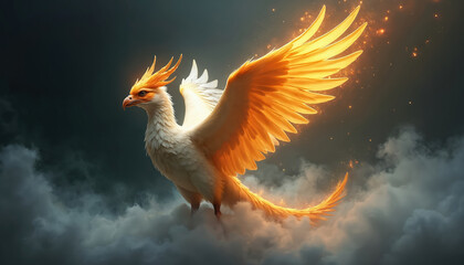 Fototapeta premium Mythical bird with bright orange, white plumage flies through clouds. Glowing fiery wings spread wide, emitting sparks against dark sky. Creature crested head, sharp beak. Tail feathers trail like