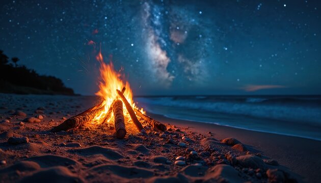 Warm campfire burns on sandy beach at night under starry sky. Ocean waves gently wash shore. Wood logs create bright flames, casting orange light. Peaceful scene for outdoor relaxation.