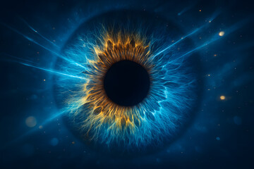 Abstract Eye Iris with Amber and Electric Blue Laser Beams
8K glowing iris with swirling laser beams and scattered light sparks in ophthalmology backdrop
