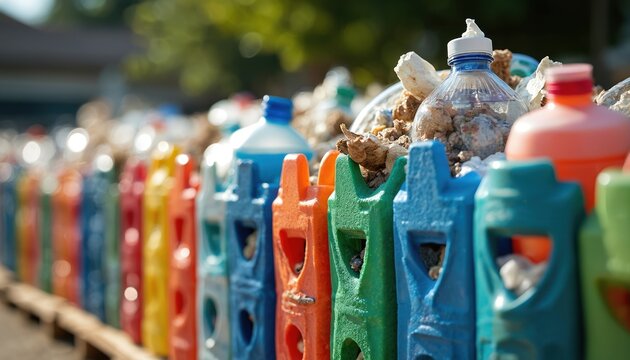 Colorful plastic bottles filled with waste form fence. Eco brick solution offers creative reuse for household rubbish. Sustainable project promotes recycling, builds awareness. Smart idea for