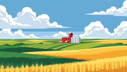 Flat vector illustration of Nebraska plains with farmland, grain silos, long horizons, and expansive skies, minimalist prairie scenery in solid flat vector style © meeblues
