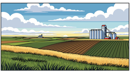Flat vector illustration of Nebraska plains with farmland, grain silos, long horizons, and expansive skies, minimalist prairie scenery in solid flat vector style © meeblues