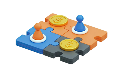 Puzzle Pieces with Game Pawns and Gold Coins