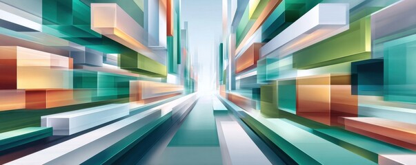 Futuristic city skyline with colorful layered architecture and glass towers for digital finance concept