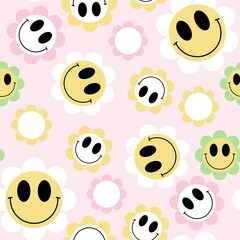 Seamless vector pattern of cute yellow cartoon monster faces with funny smiles and cheerful emotions