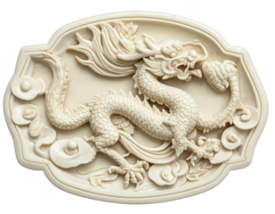 Ivory style carved dragon zodiac ornament with fine details, isolate on white background.