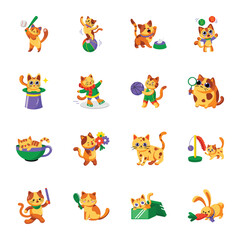 Set of Cats playing Flat Style Icons 
