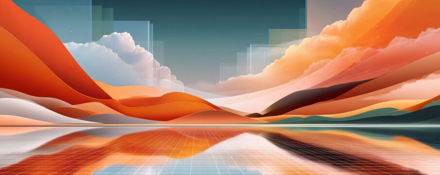 Digital mountain landscape with data waves and futuristic analytics over snowy peaks - Powered by Adobe