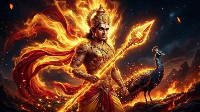 Fiery digital art depicts lord murugan, god of thaipusam, powerfully holding his vel spear beside a peacock in a dark landscape.