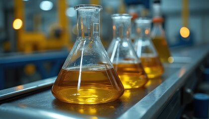 Glass beakers hold golden engine oil samples on a conveyor belt in a lab. Workers test liquid quality for auto industry. Clear containers show fuel and lubricant.