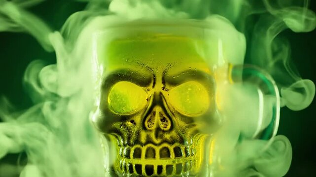 A green beer mug shaped like a human skull with smoke rising from it