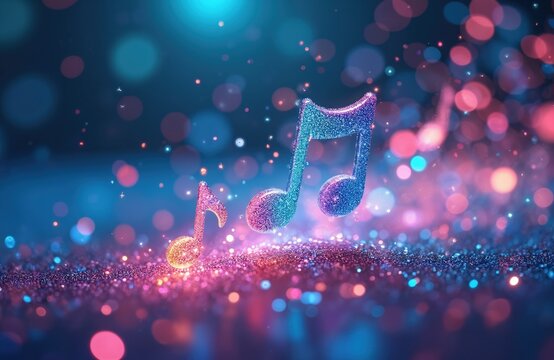 Musical notes sparkle on a vibrant, glowing surface. Blue and pink bokeh lights create a lively, dynamic atmosphere with a magical feel. This abstract background conveys energy and joy.