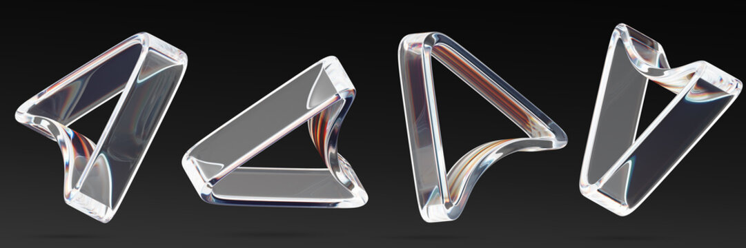 3d set of glass arrow cursors in outline style with rainbow light refraction effect on black background. Transparent computer mouse icons, click pointers, crystal navigation elements. 3D illustration