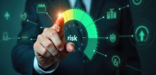 Man in suit touches screen showing risk gauge with icons. Digital interface displays hazard level. Business analyst manages danger metric for safety.
