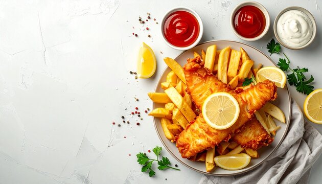Overhead view of a plate of fried fish and chips with lemon slices, surrounded by dipping sauces and herbs on a white surface.