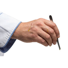 Adult Male Hand Holding Paintbrush Artist Wearing White Shirt With Blue Trim And Yellow Splatters Isolated Transparent Background