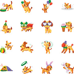 Obraz premium Collection of Dogs Playing Flat Style Icons 