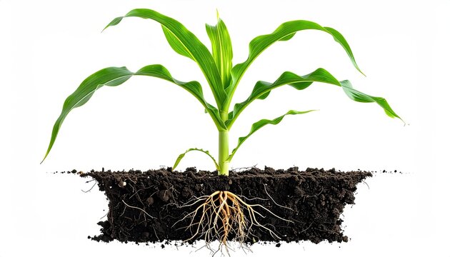 Young green plant with roots in soil, white background