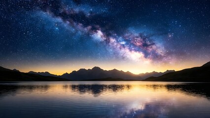 Obraz premium Milky Way Galaxy over serene mountain lake at sunset