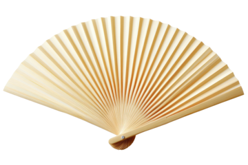 Open, folding hand fan of light wood, on black background