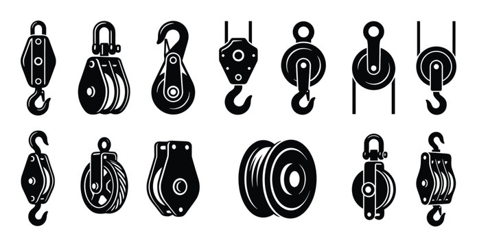Set of various black and white pulleys, construction equipment, industrial lifting device, mechanical hoists and tackle blocks