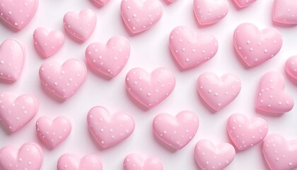 Fototapeta premium A delightful pattern of pink, heart-shaped objects with white polka dots, arranged against a matching background