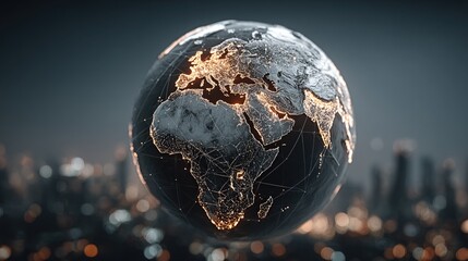 A glowing 3D representation of the Earth at night with a cityscape in the background