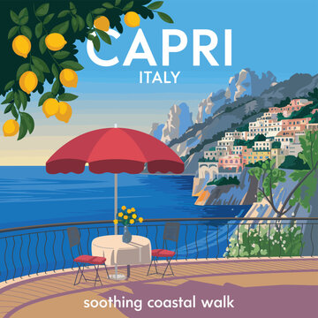 Capri Italy illustration, tranquil coastal view with lemons and umbrella, serene Mediterranean seaside scene for relaxing walks, summer travel inspiration, and elegant vacation lifestyle concept