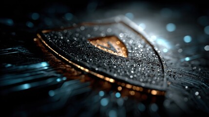 A close-up view of a shiny, metallic object with a teardrop-shaped cutout, adorned with small, sparkling particles and surrounded by a dark, abstract background with blue and gold accents