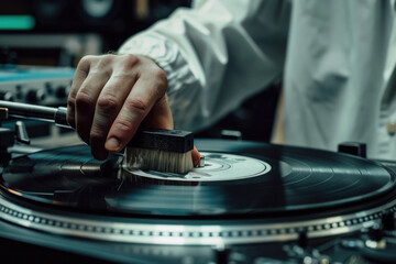 Hands of man carefully cleaning black vinyl record with professional brush.