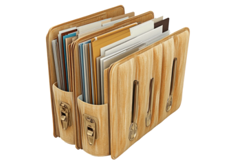Wood file holder with papers, various colors inside