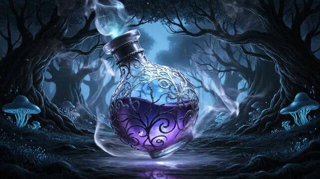 Enchanting potion bottle with swirling purple liquid and mystical smoke in a dark, enchanted forest setting with glowing mushrooms and gnarled trees