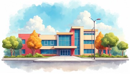 Colorful modern school building exterior illustration in watercolor style with geometric design. Trees and clouds accent bright daytime scene. This artwork represents education and urban architecture.