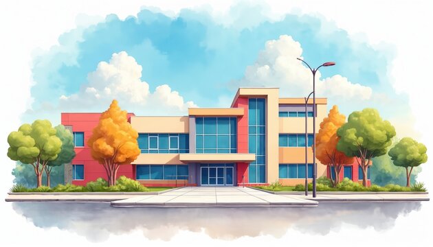 Colorful modern school building exterior illustration in watercolor style with geometric design. Trees and clouds accent bright daytime scene. This artwork represents education and urban architecture.
