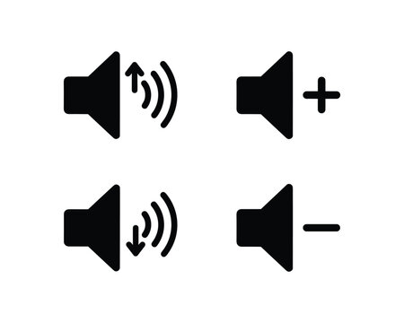 Sound volume control icons: mute, increase, decrease with plus and minus signs. Speaker vector symbols.