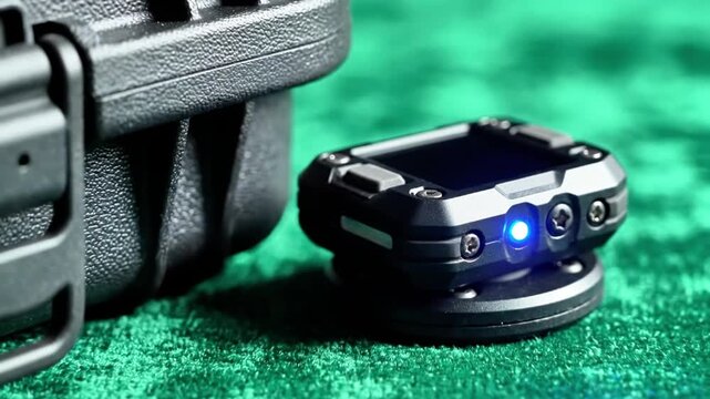 A small, rugged device with a blue light sits next to a black case on a green surface