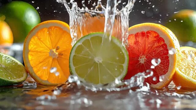 Close-up Arrangement of Sliced Citrus Fruits with Water Splash on Reflective Surface