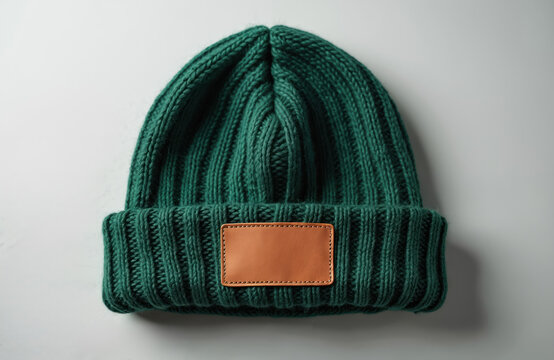 Green knitted beanie with blank brown leather patch for custom logo or design. Soft texture winter hat mockup, useful for apparel branding presentations.