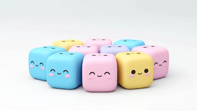 Animated scene of adorable, soft-edged cube characters in pastel shades, each with a happy face, coming together to form a cohesive and friendly group on a clean white studio background.