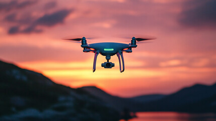 advanced quadcopter drone capturing aerial footage during sunset over scenic landscape