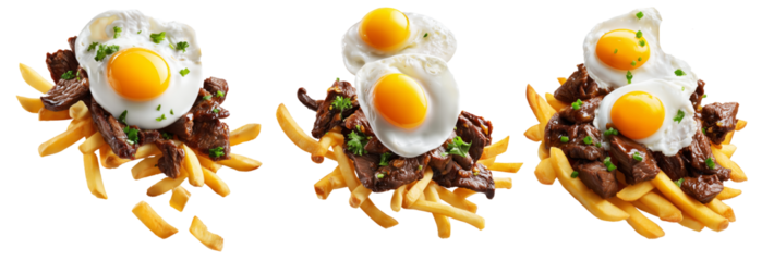 Chorillana beef fried with eggs garnished and herbs, street food isolated on white background. South American Cuisine