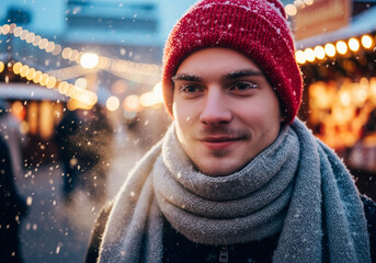 Person at Winter Market with Snow and Lights