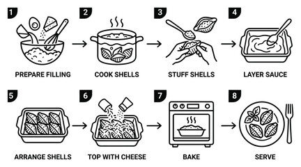 Stuffed shells recipe step by step preparation with fillings, layering sauce, arrange shells, bake and serve food